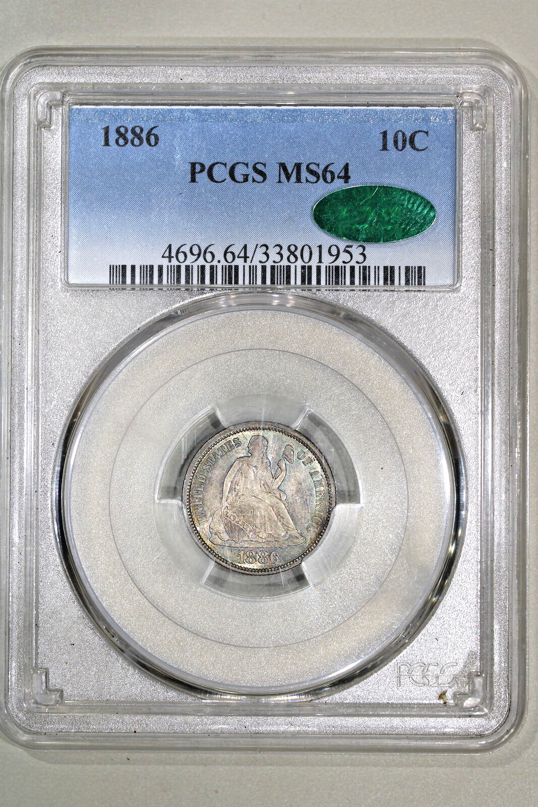 1886 (MS64 CAC) Seated Liberty Dime 10c PCGS Graded Coin - Beautifully Toned
