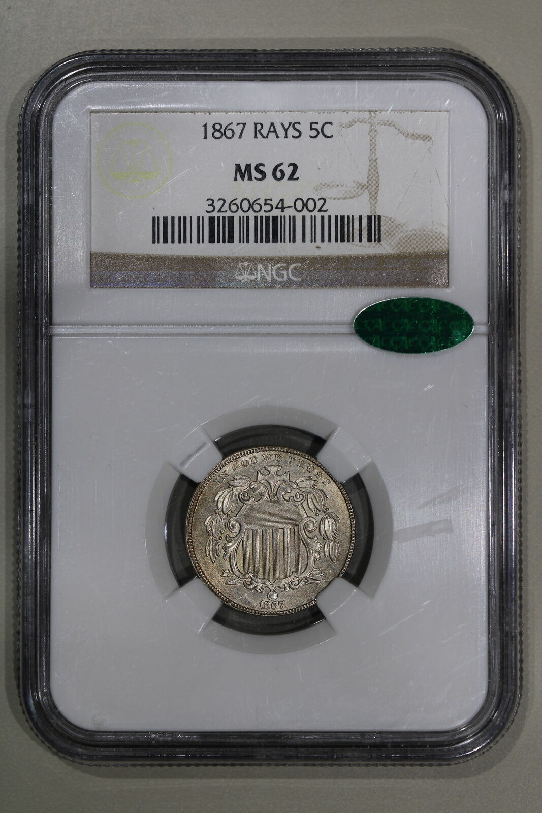 1867 (MS62 CAC) Shield Nickel WITH Rays 5c NGC Graded Coin