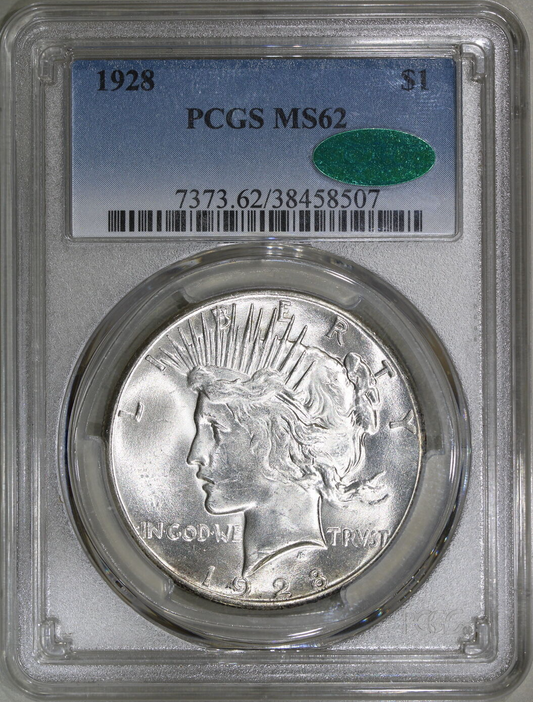 1928 (MS62 CAC) Peace Silver Dollar $1 PCGS Graded Coin - BLAST WHITE