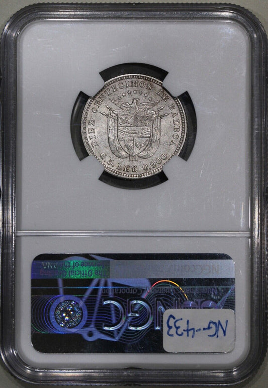 1904 Panama 10 Centesimos Silver Coin NGC MS 60 UNCIRCULATED