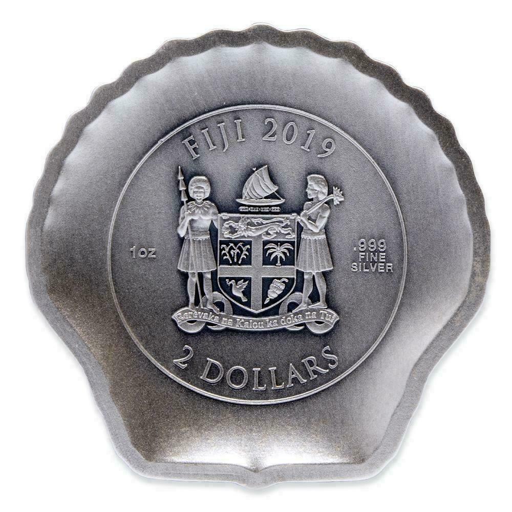 BRAND NEW Castaway Seashells: 2019 1oz Pure Silver SCALLOP Coin - $2 Fiji Coin